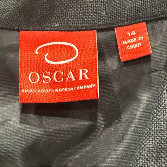 Oscar de la Renta Linen Black Midi Dress with White Floral Detail - Picture 2 of 5